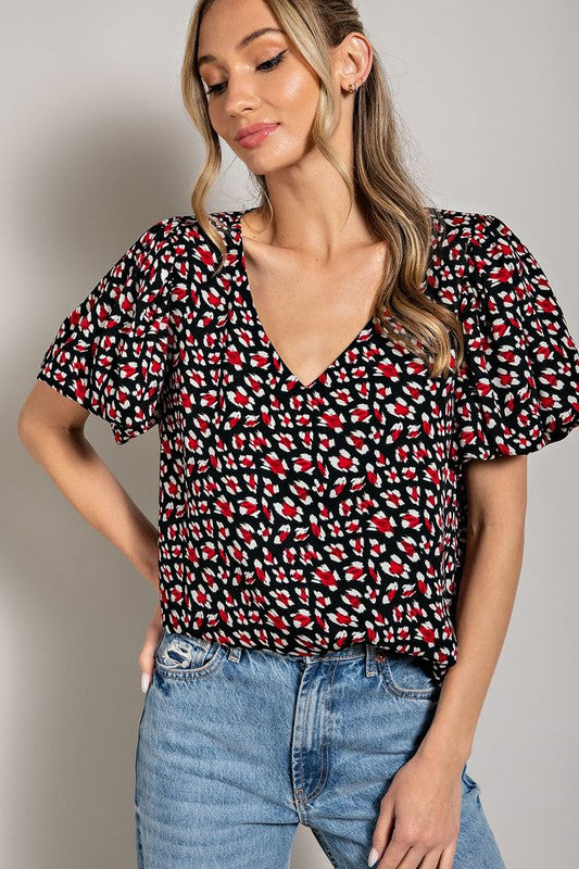 Black & Red Puff Sleeve Dress Top