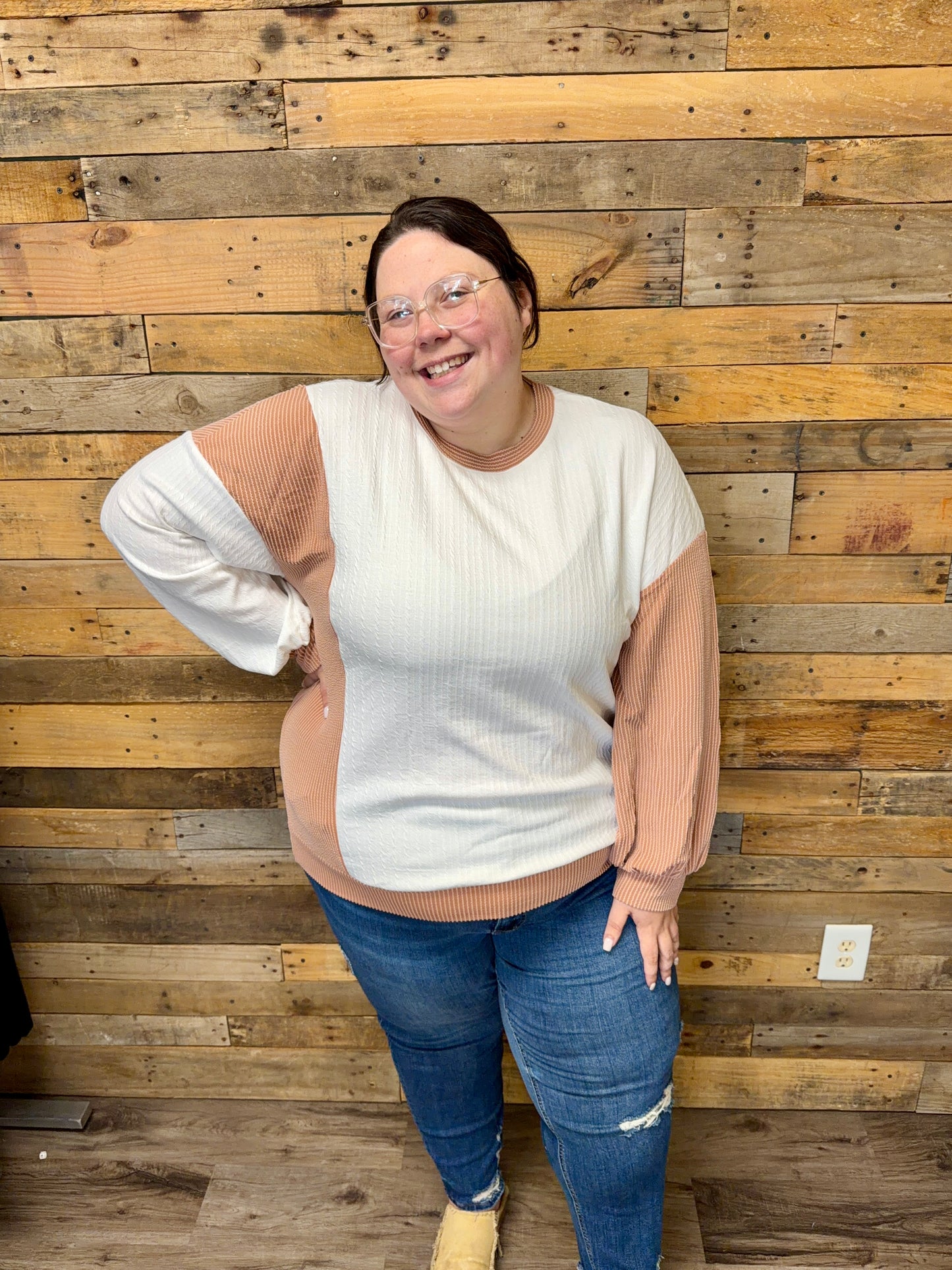 Cream and Tan Ribbed Long Sleeve