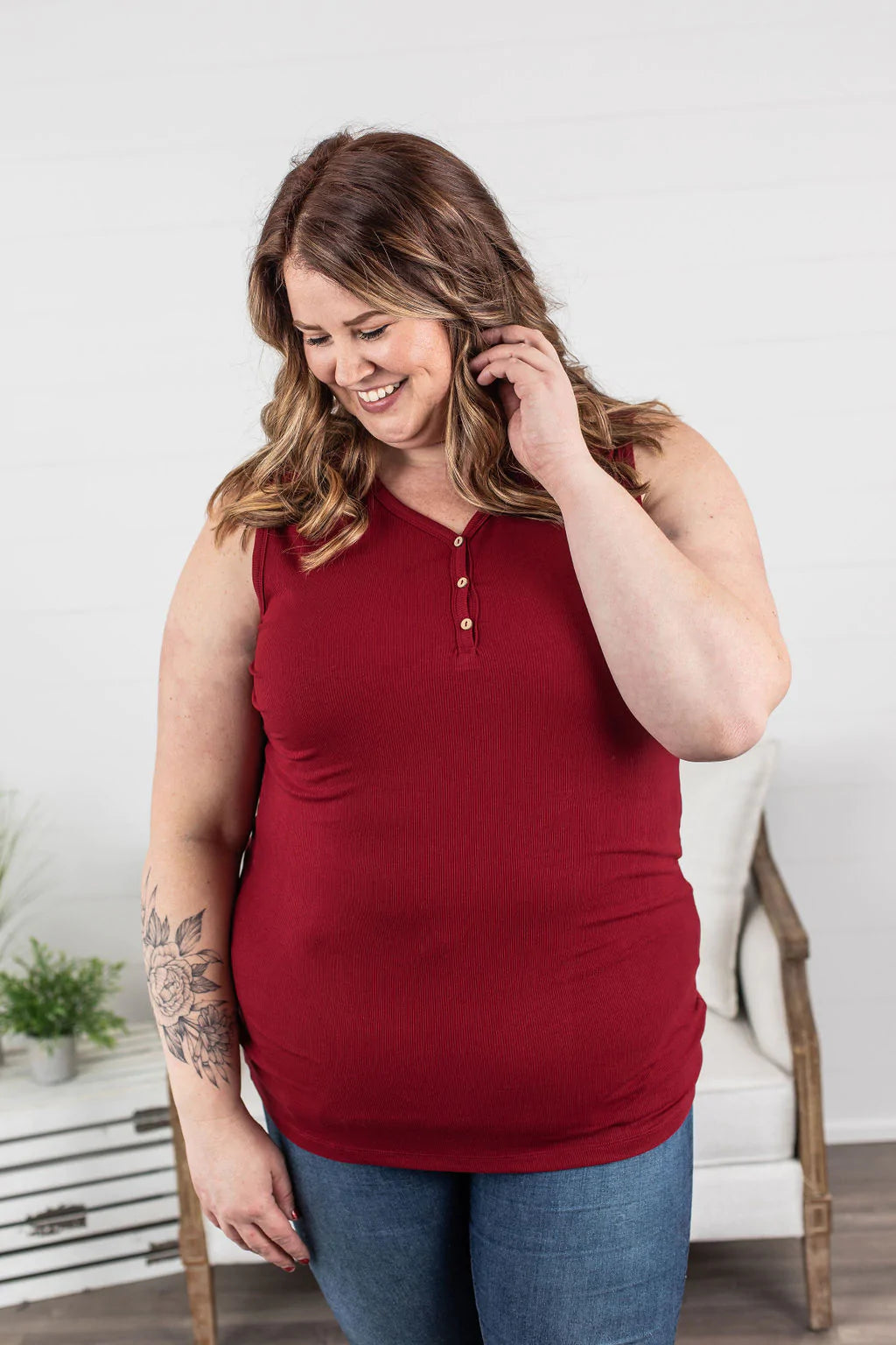 Ribbed Henley Tanks - Cranberry