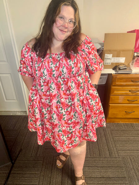 Pink and Red Puff Sleeve Dress