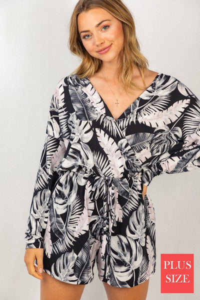 Long Sleeve Palm Print Knit Romper