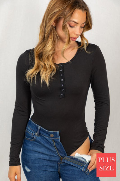 Long Sleeve Solid Button Snap Front Bodysuit