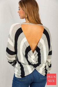 Long Sleeve Striped Knit Open Back Top