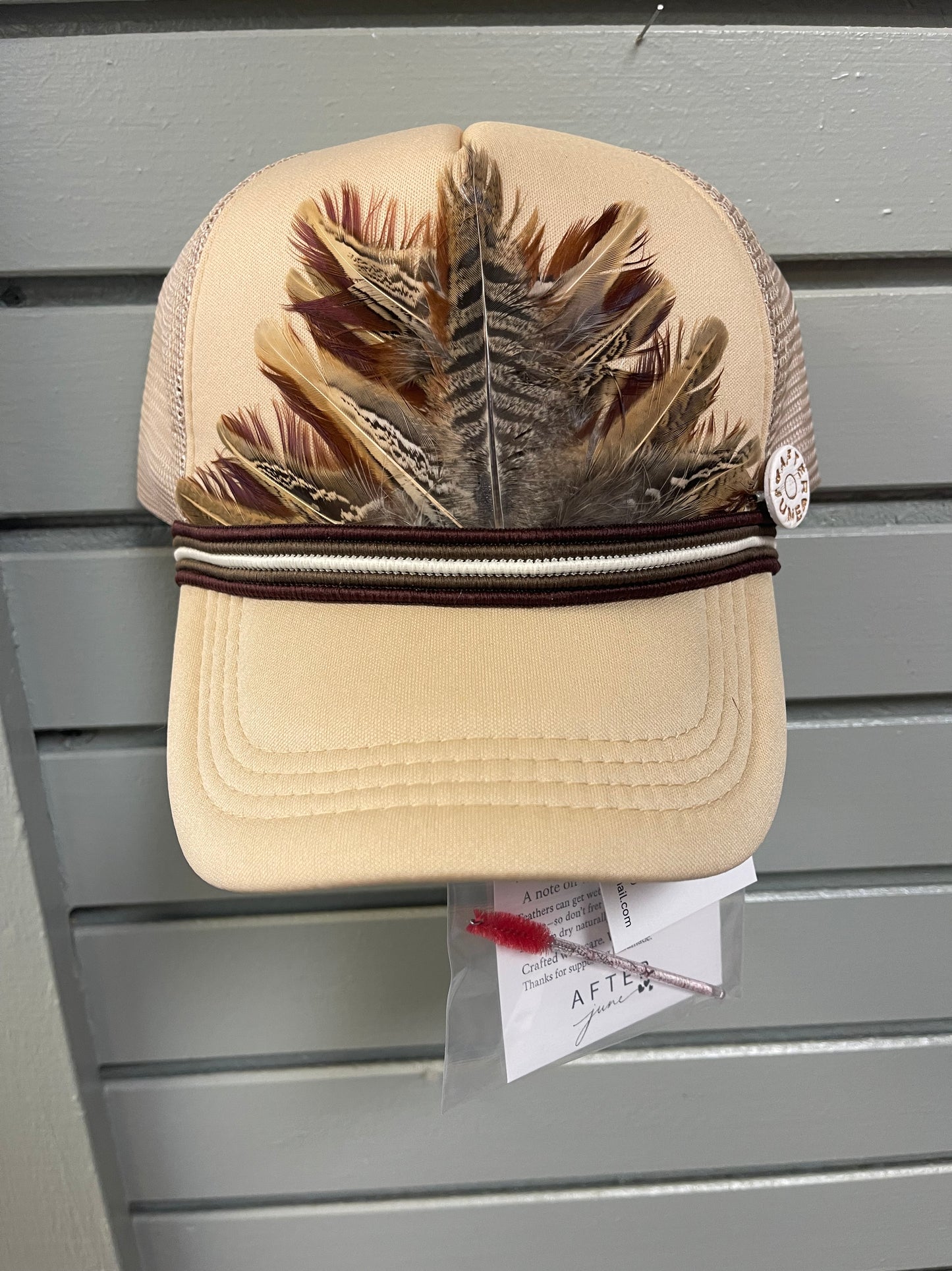 Tan Pheasant Feather Trucker Hat