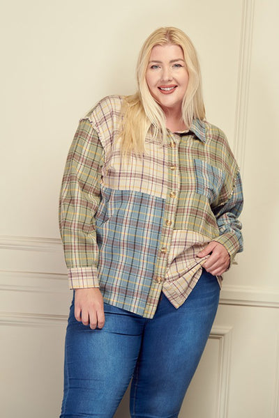 Plus Plaid Color Block Shirt