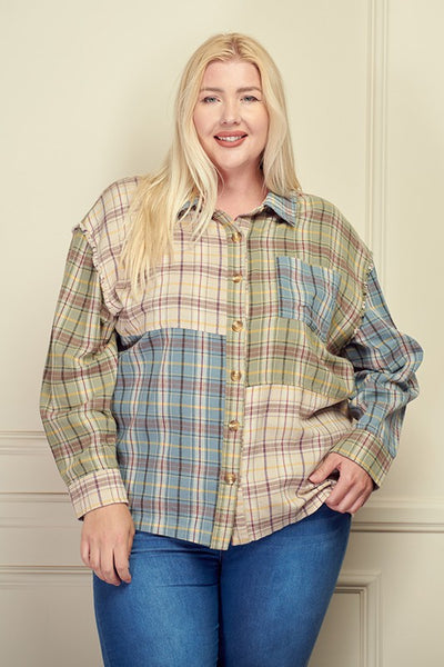 Plus Plaid Color Block Shirt