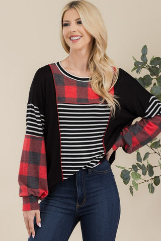 Reverse Stitch Plaid & Stripe Top