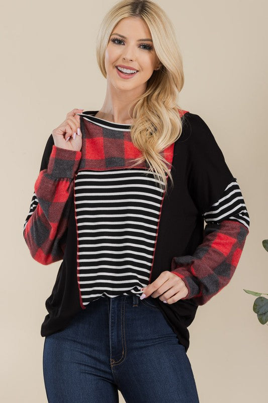 Reverse Stitch Plaid & Stripe Top
