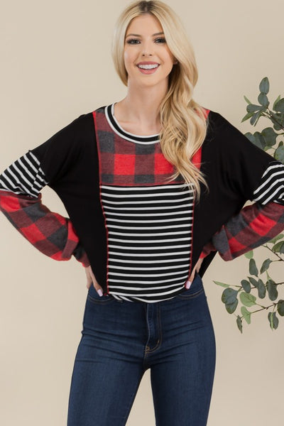 Reverse Stitch Plaid & Stripe Top