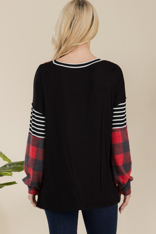 Reverse Stitch Plaid & Stripe Top