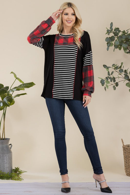 Reverse Stitch Plaid & Stripe Top