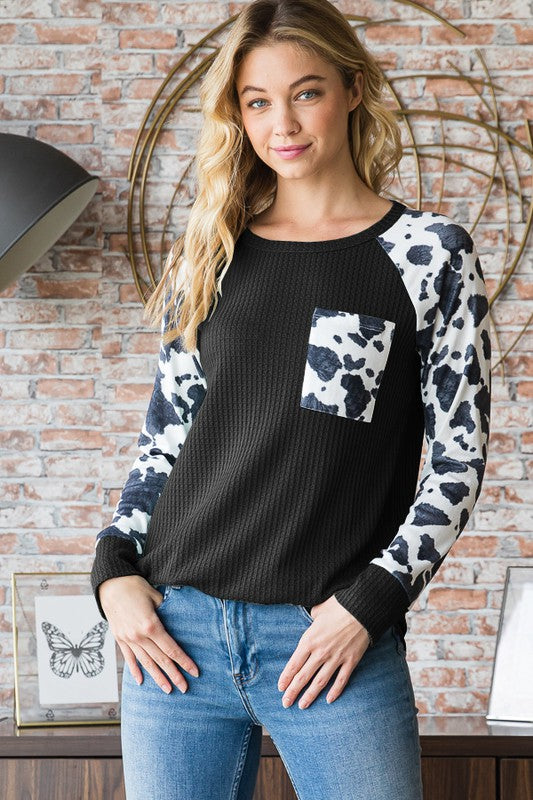 Cow Print & Waffle Knit Top