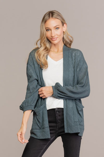 Teal Woven Lace Cardigan with Pocket Detail
