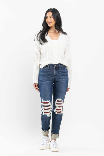 Mid Rise Buffalo Plaid Patches Jeans