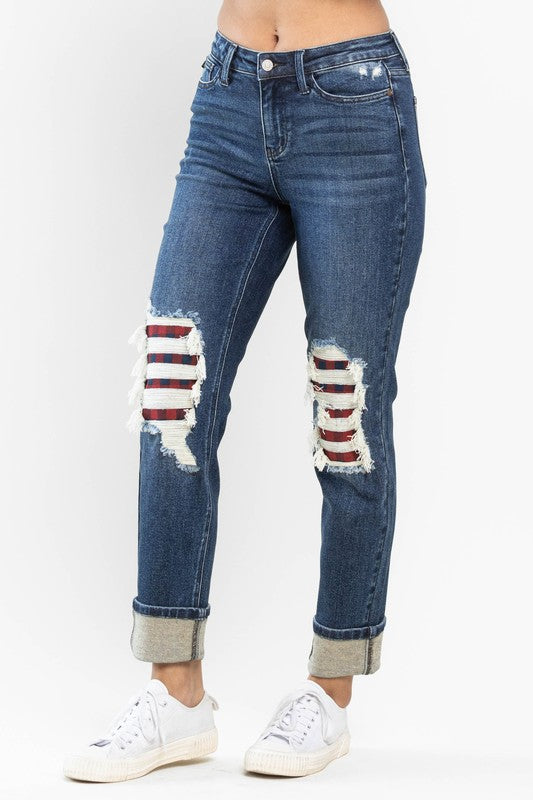 Mid Rise Buffalo Plaid Patches Jeans