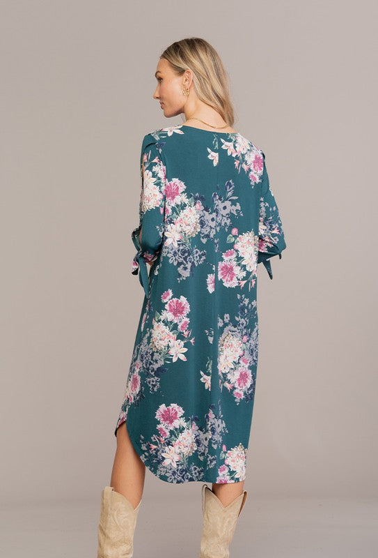Floral Dress with Open Sleeve Tie Knot Detail