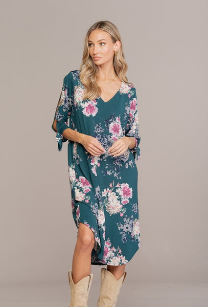 Floral Dress with Open Sleeve Tie Knot Detail