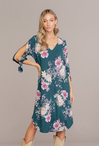 Floral Dress with Open Sleeve Tie Knot Detail