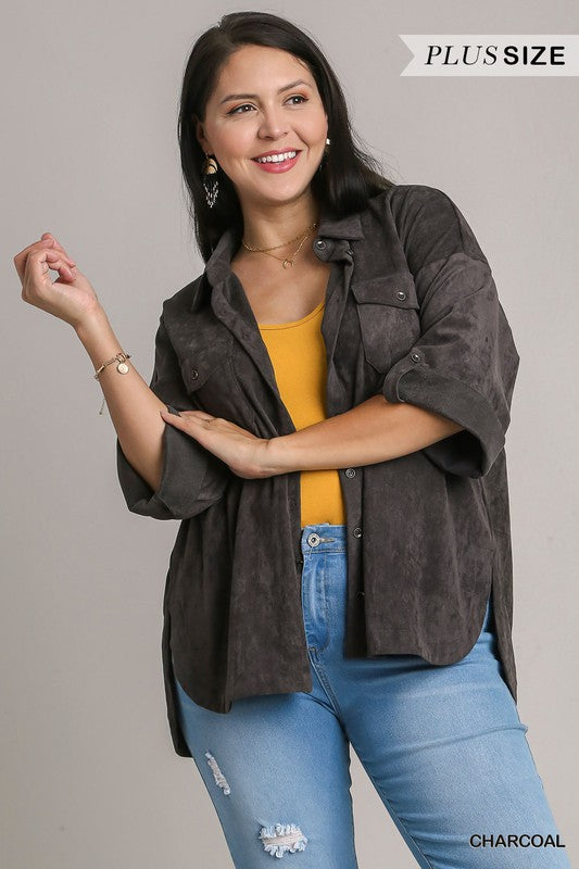 Faux Suede Button Up Top