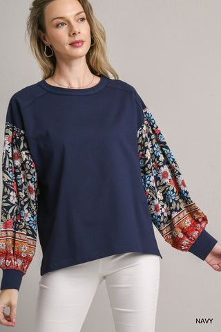 Navy Top with Floral Sleeves