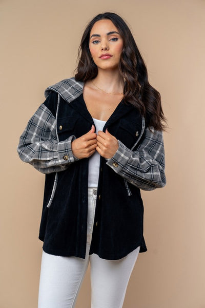 Plaid Hooded Shacket - Brown or Black