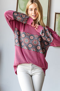 Mauve/Floral Ribbed Crew Neck