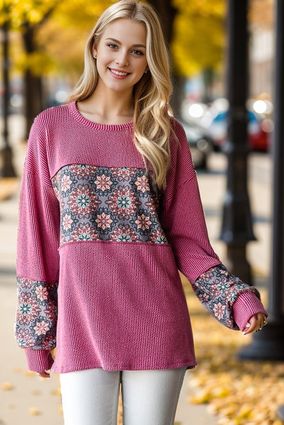 Mauve/Floral Ribbed Crew Neck