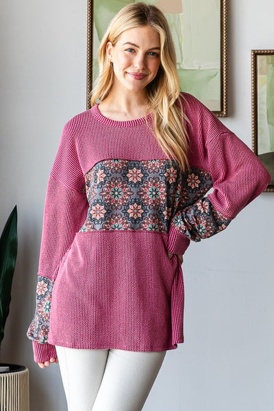 Mauve/Floral Ribbed Crew Neck