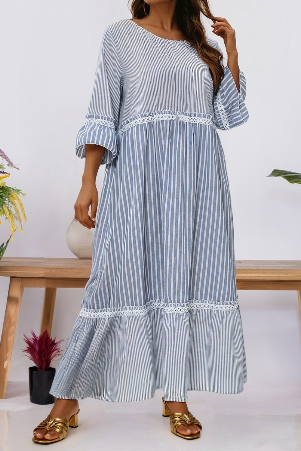 Stripe Crisscross Lace Patch Shift Dress