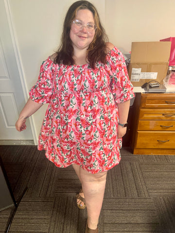Pink and Red Puff Sleeve Dress
