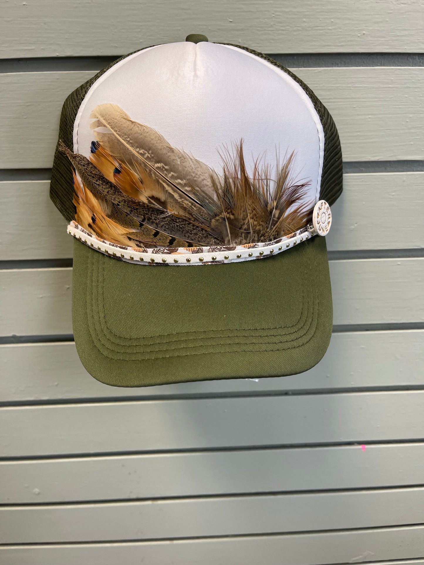Olive Pheasant Feather Trucker Hat