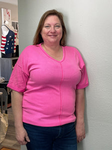 Pink Ribbed V-Neck