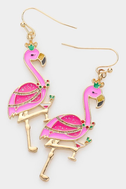 Enamel Metal Flamingo Cocktail Dangle Earrings