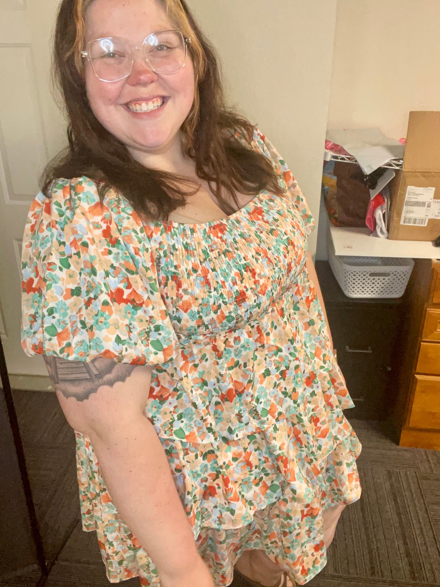 Cream Floral Puff Sleeve Dress