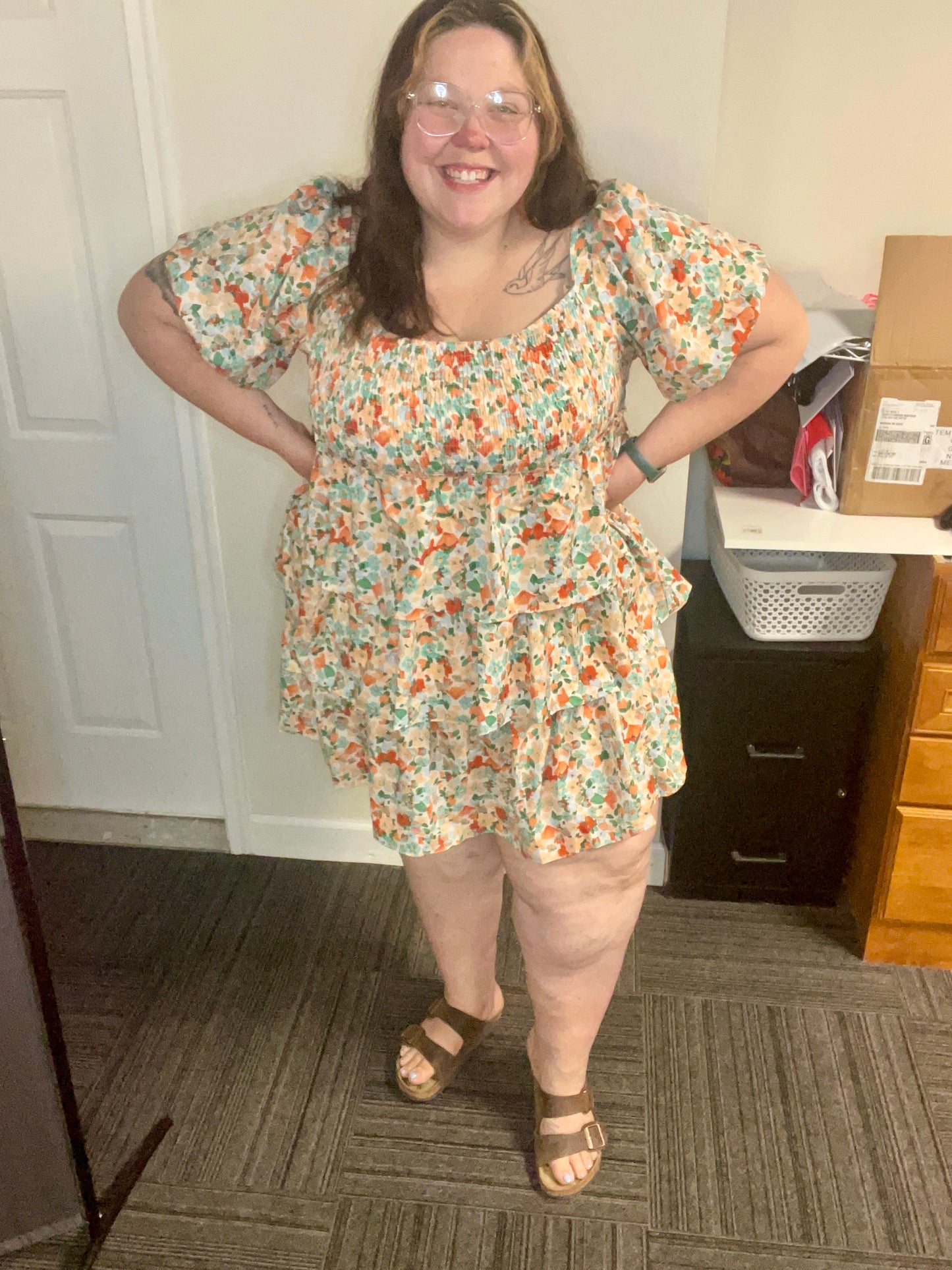 Cream Floral Puff Sleeve Dress