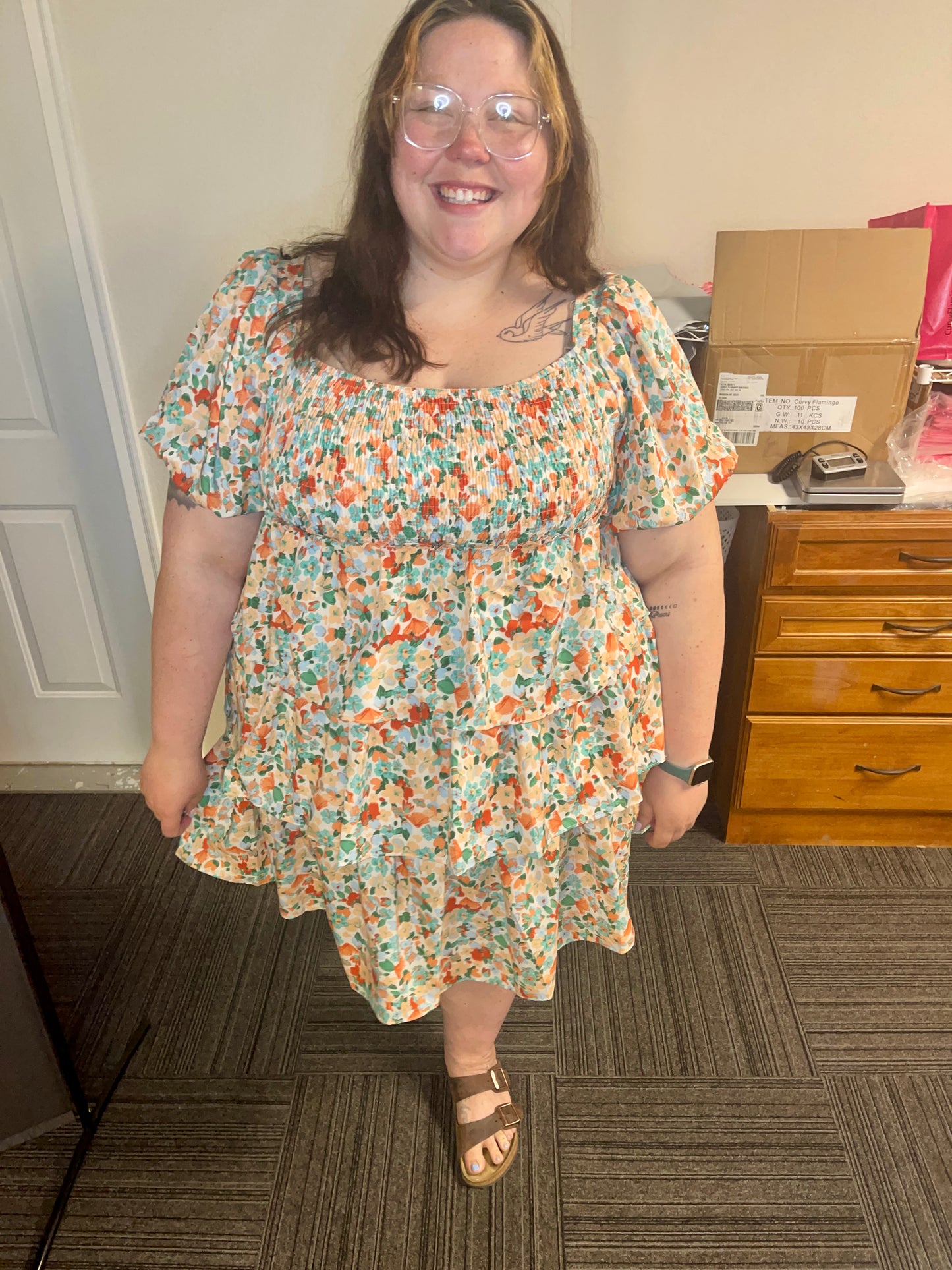 Cream Floral Puff Sleeve Dress