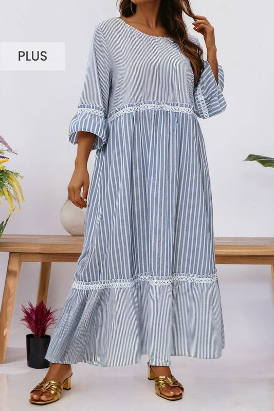 Stripe Crisscross Lace Patch Shift Dress