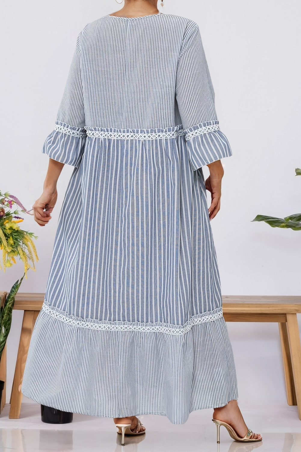 Stripe Crisscross Lace Patch Shift Dress