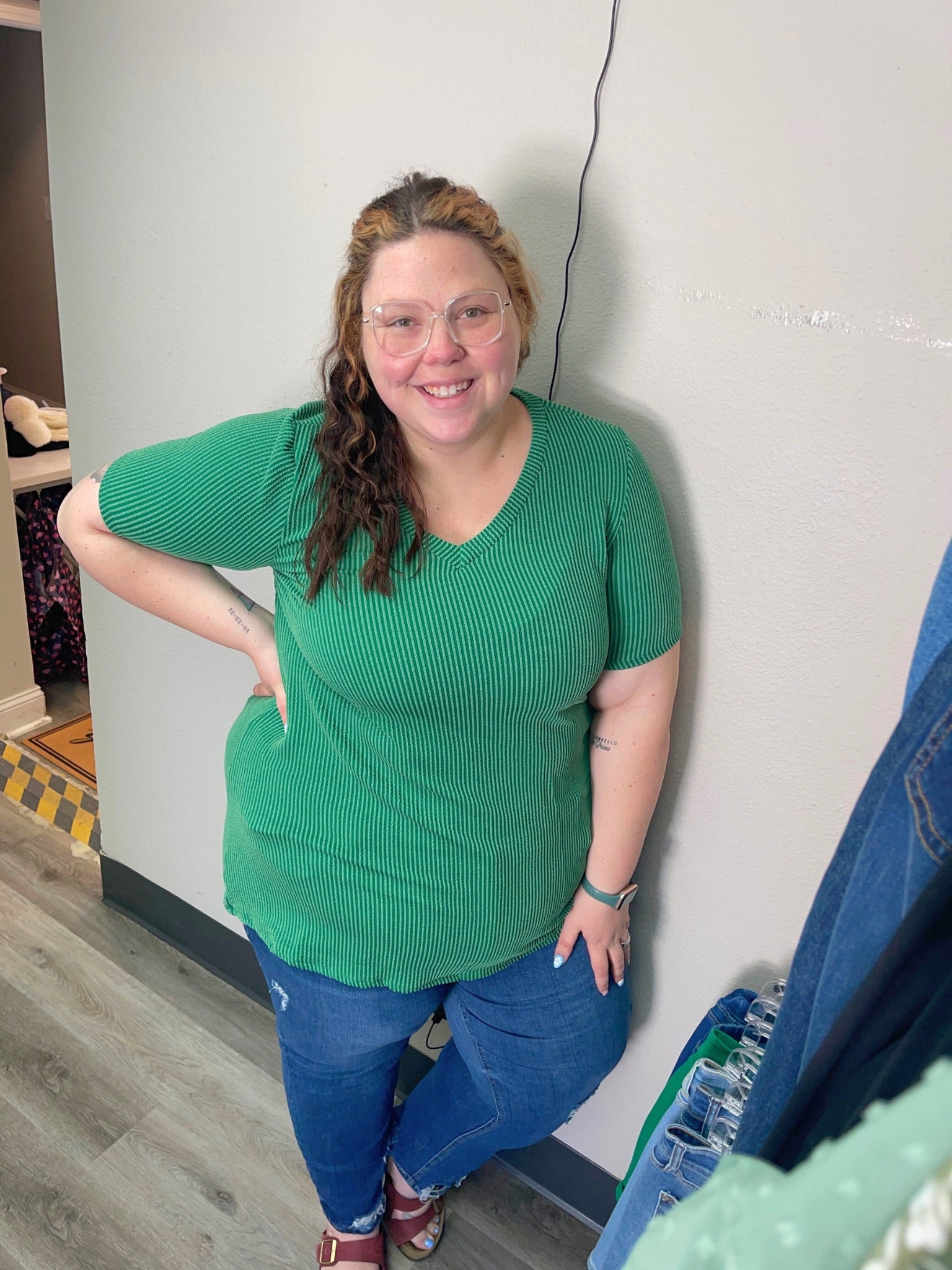 Green Ribbed V-neck