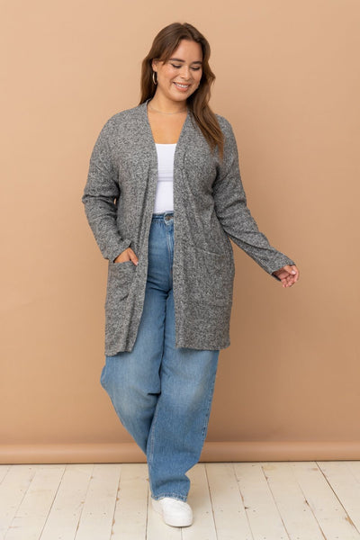 Charcoal Soft Ribbed Open Front Cardigan