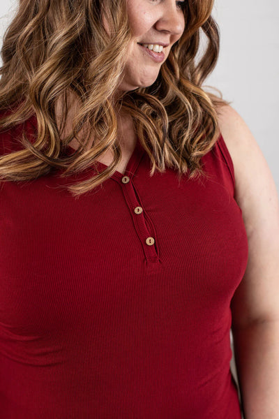 Ribbed Henley Tanks - Cranberry