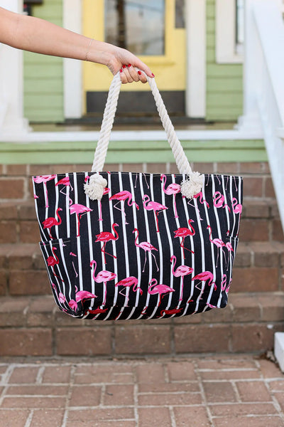Pink and Black Flamingo and Stripes Beach Bag/Tote