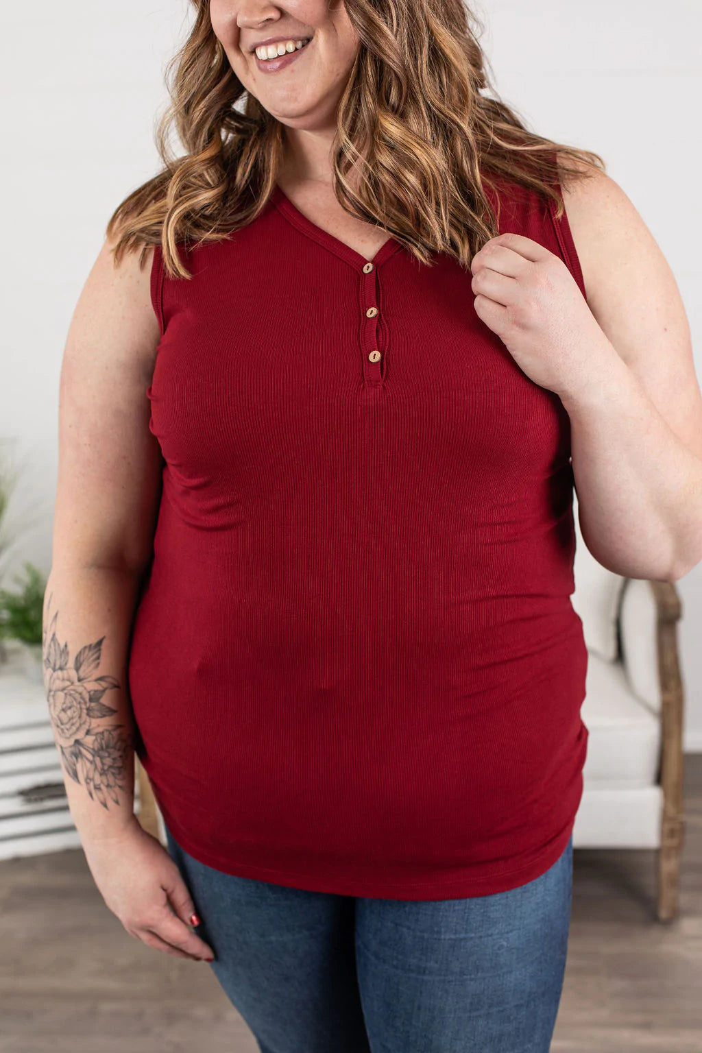 Ribbed Henley Tanks - Cranberry