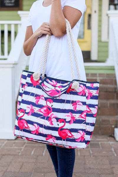 Flamingo and Stripes Beach Bag/Tote
