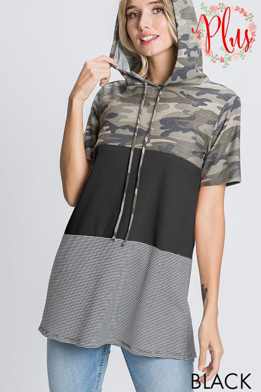 Camo & Stripe Hooded Top