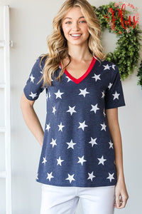 Navy Star Top with Red Trim