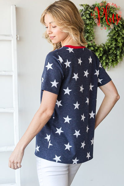 Navy Star Top with Red Trim