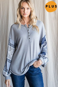 Waffle Knit Henley Top with Mixed Print Sleeves