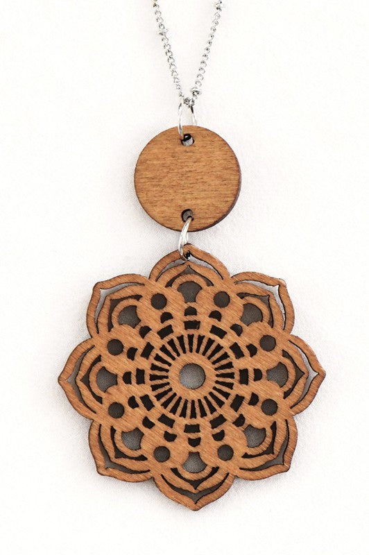 Laser Cut Filigree Wood Teardrop Pendant Necklace