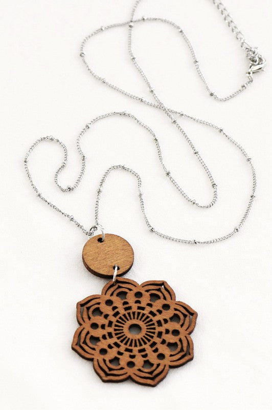 Laser Cut Filigree Wood Teardrop Pendant Necklace